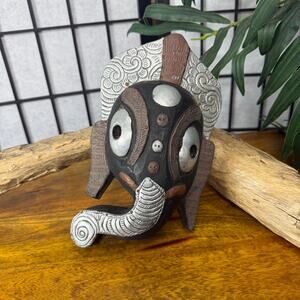 Vintage Elephant Head Hand Painted Wooden Wall Mask